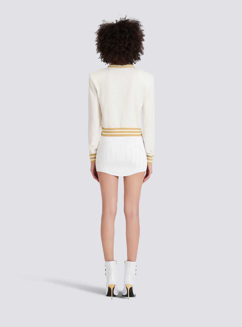 Balmain Cropped Wool Sweatshirt With Gold Balmain Logo Beige | OXSWJBV-10