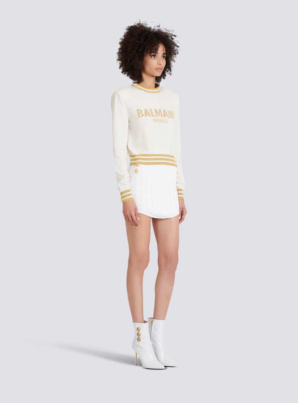 Balmain Cropped Wool Sweatshirt With Gold Balmain Logo Beige | OXSWJBV-10