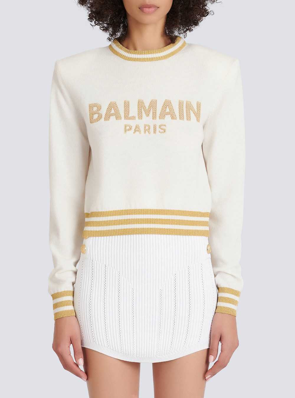 Balmain Cropped Wool Sweatshirt With Gold Balmain Logo Beige | OXSWJBV-10