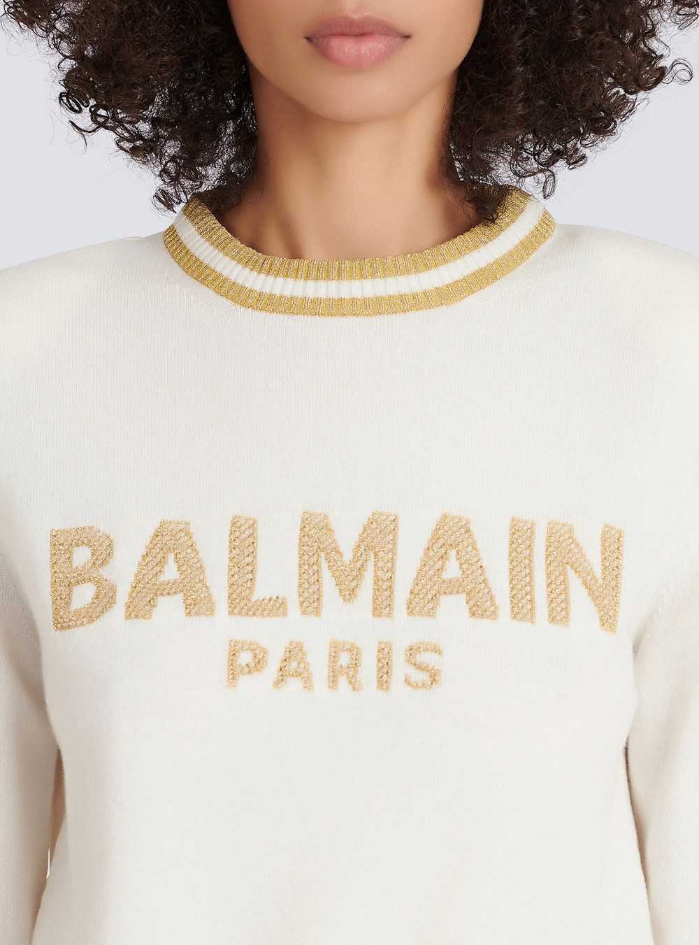 Balmain Cropped Wool Sweatshirt With Gold Balmain Logo Beige | OXSWJBV-10