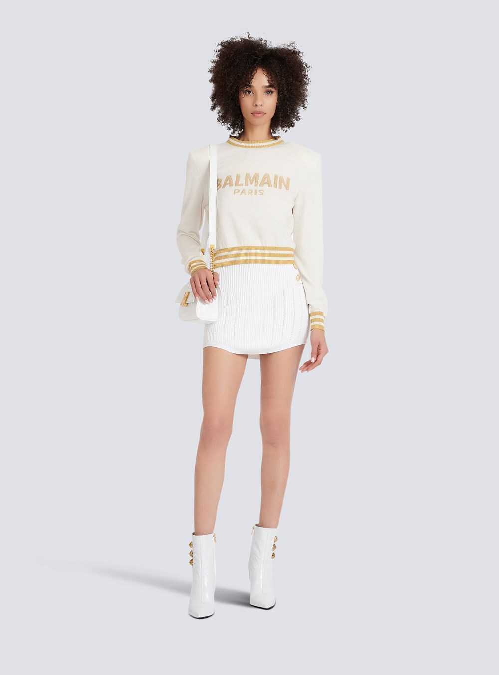 Balmain Cropped Wool Sweatshirt With Gold Balmain Logo Beige | OXSWJBV-10