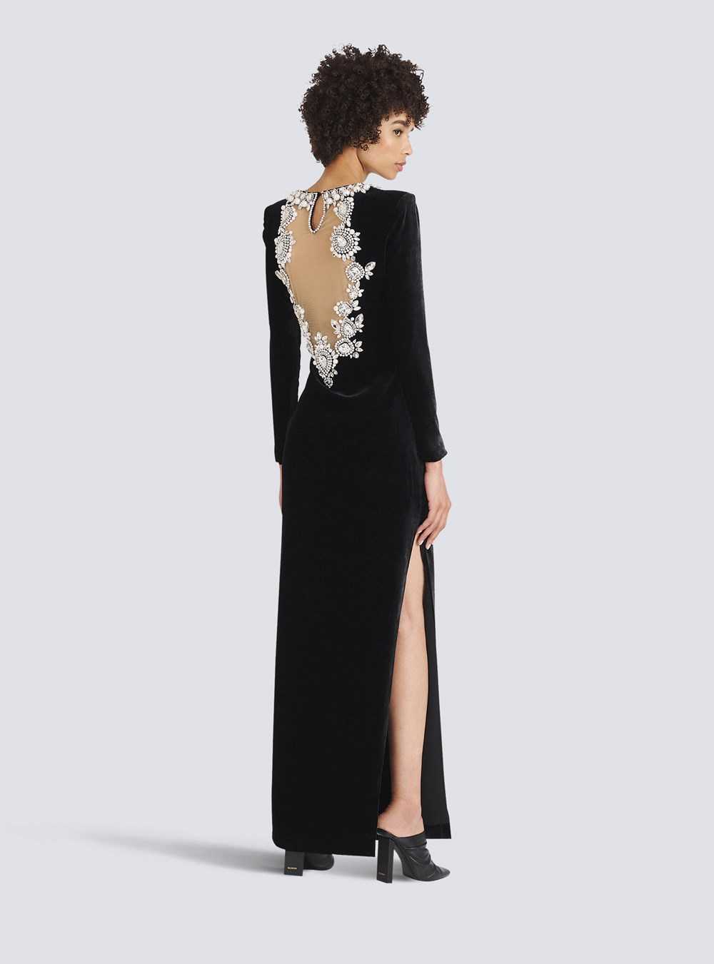 Balmain Crystal Embroidered Velvet Dress Black | PYKZMXQ-36