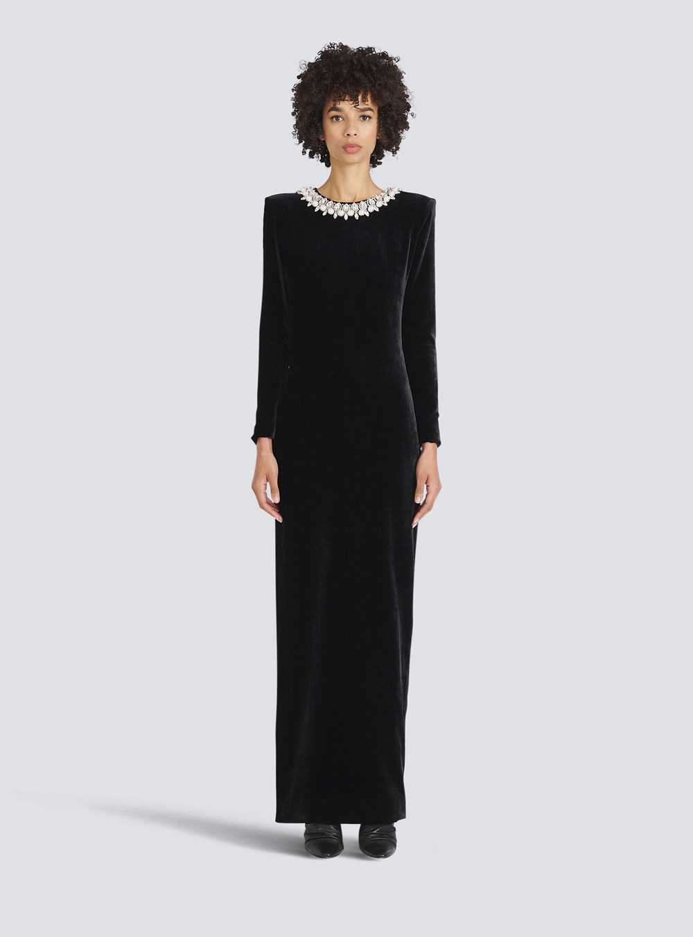 Balmain Crystal Embroidered Velvet Dress Black | PYKZMXQ-36