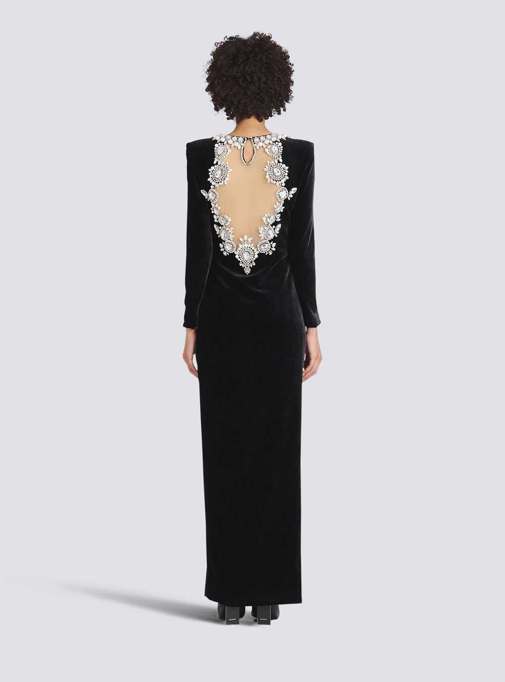 Balmain Crystal Embroidered Velvet Dress Black | PYKZMXQ-36