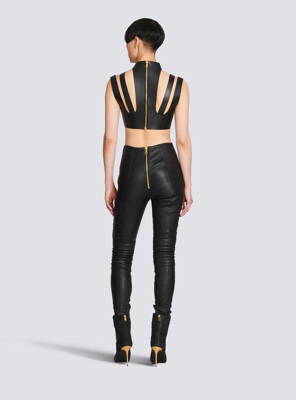 Balmain Cut-out Leather Crop Top Black | ZKWYVAB-35