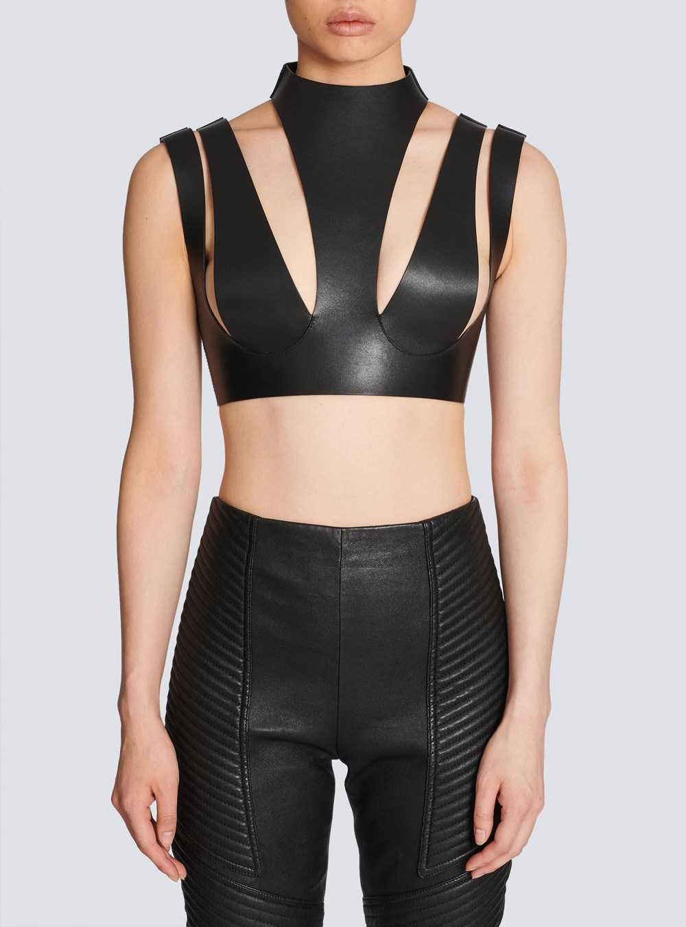 Balmain Cut-out Leather Crop Top Black | ZKWYVAB-35