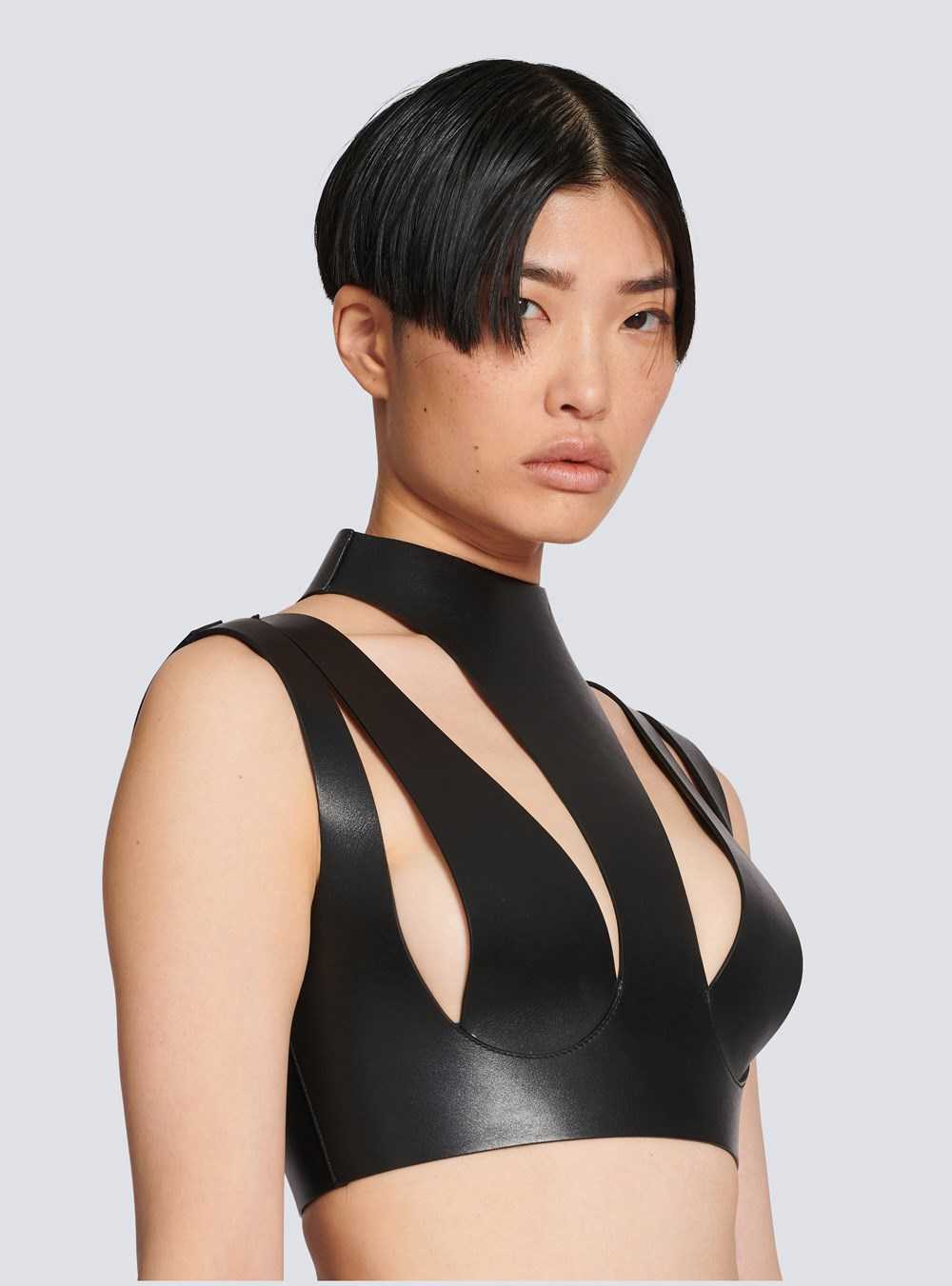 Balmain Cut-out Leather Crop Top Black | ZKWYVAB-35