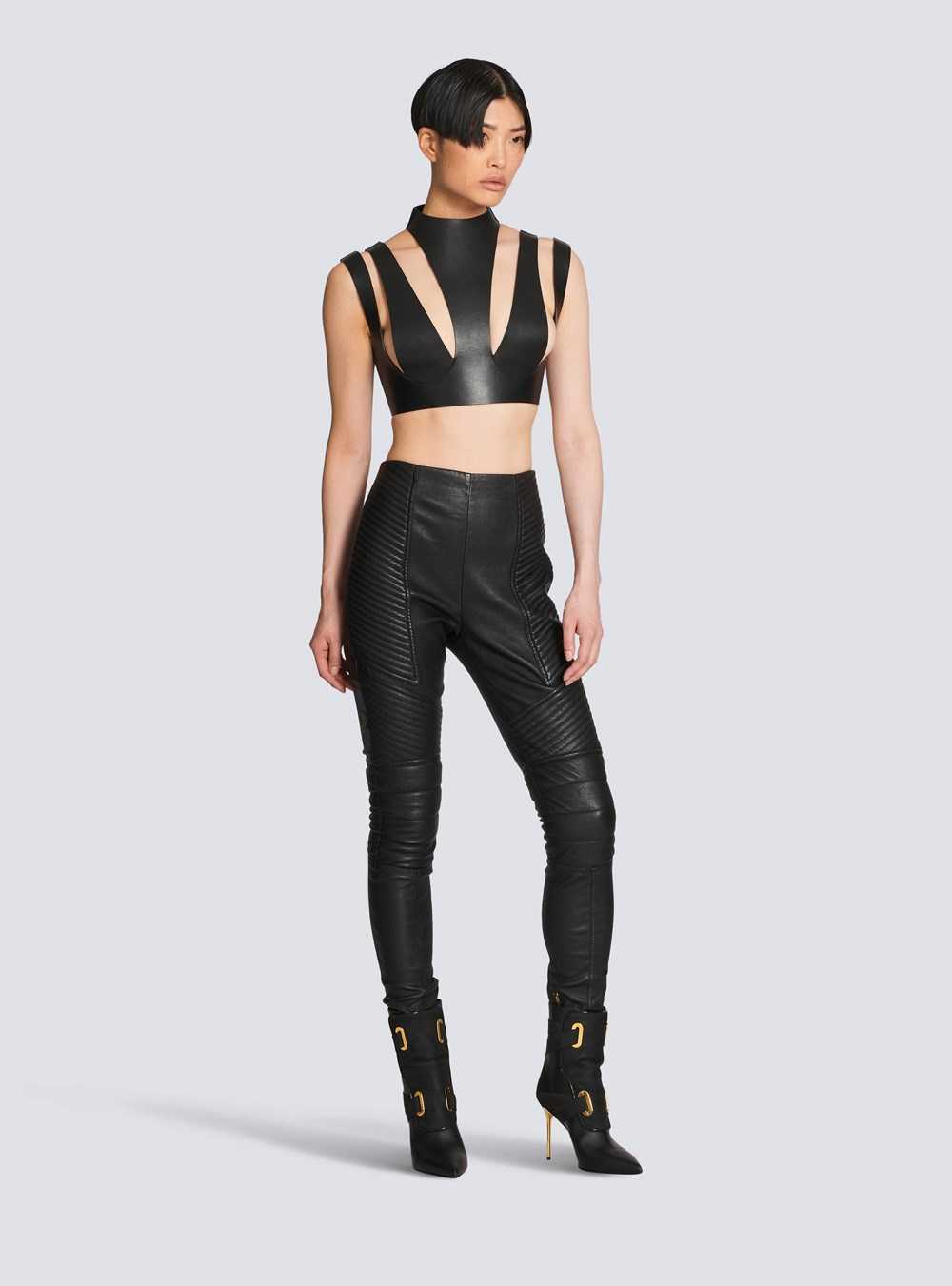 Balmain Cut-out Leather Crop Top Black | ZKWYVAB-35