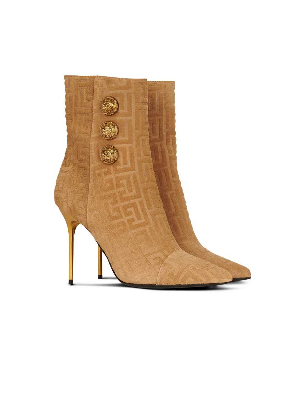 Balmain Debossed Suede Roni Ankle Boots With Balmain Monogram Beige | ICAZREP-45