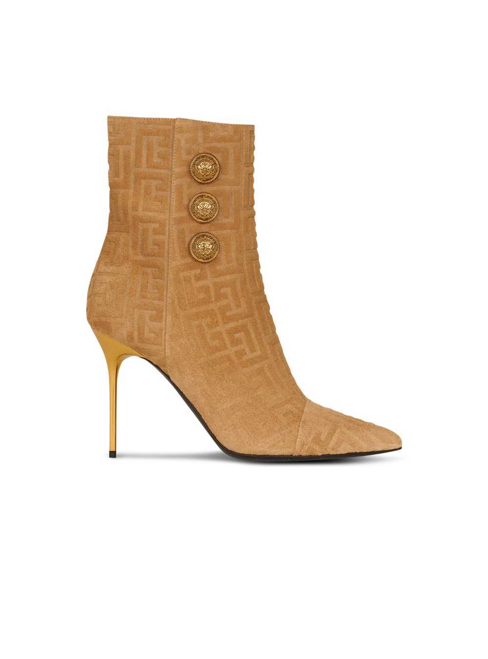 Balmain Debossed Suede Roni Ankle Boots With Balmain Monogram Beige | ICAZREP-45