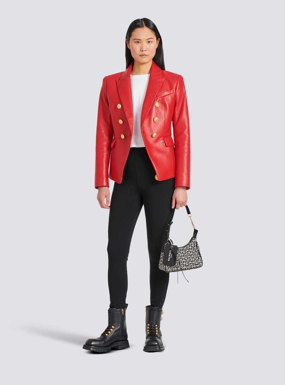 Balmain Double-breasted Leather Blazer Red | OWQAFGC-45