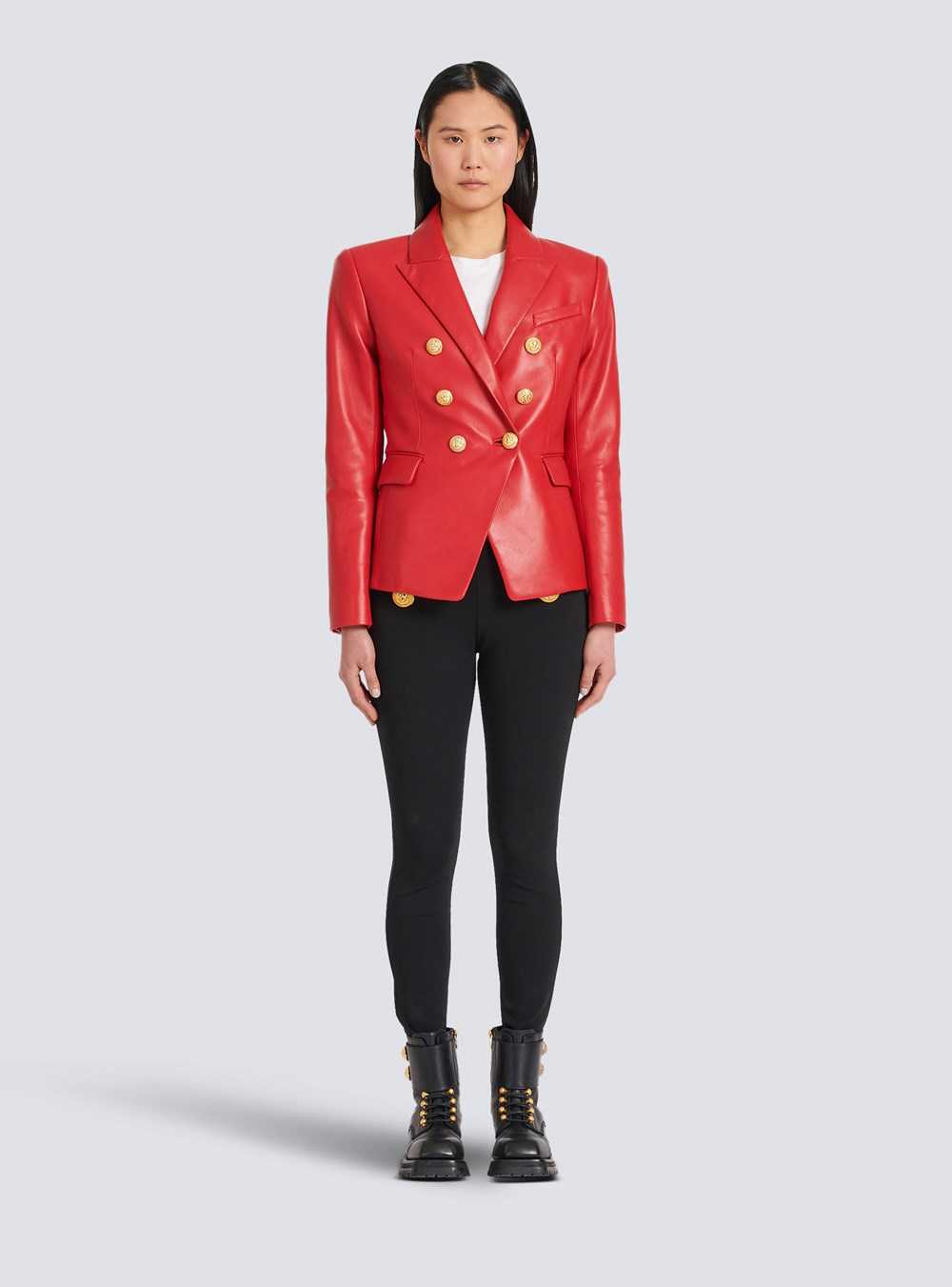 Balmain Double-breasted Leather Blazer Red | OWQAFGC-45