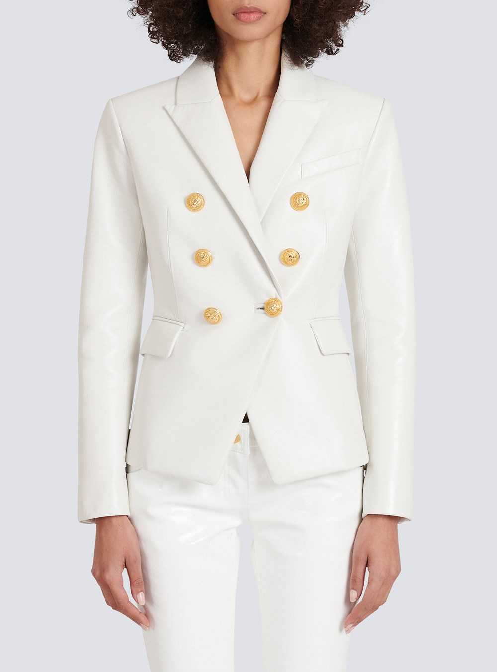 Balmain Double-breasted Leather Blazer White | YTWMHVZ-23