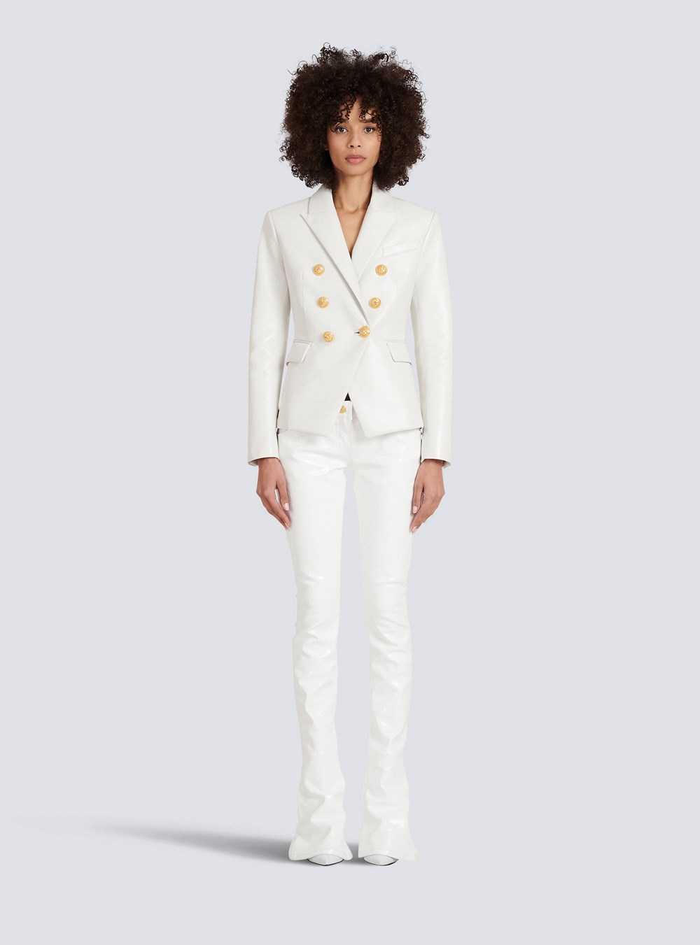 Balmain Double-breasted Leather Blazer White | YTWMHVZ-23