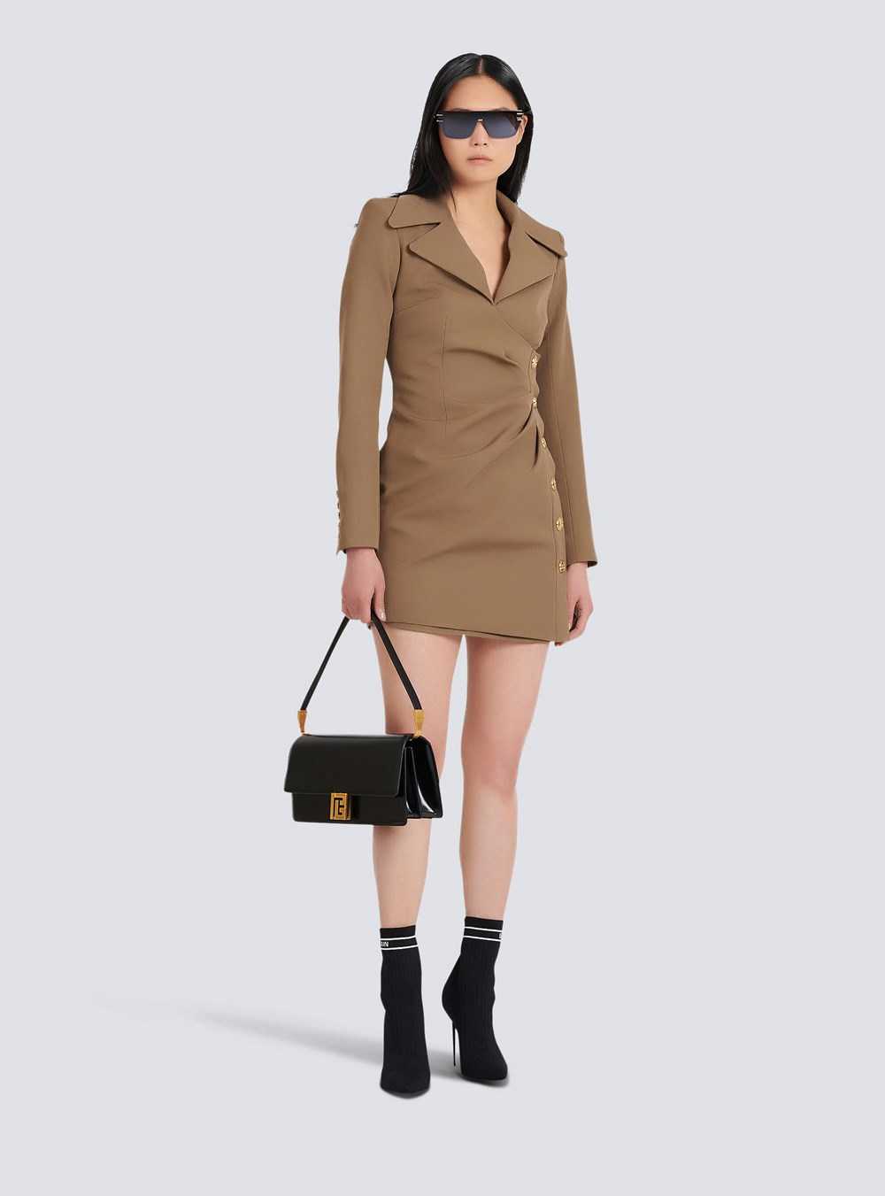 Balmain Draped Wool Dress Khaki | HUWFQPO-15