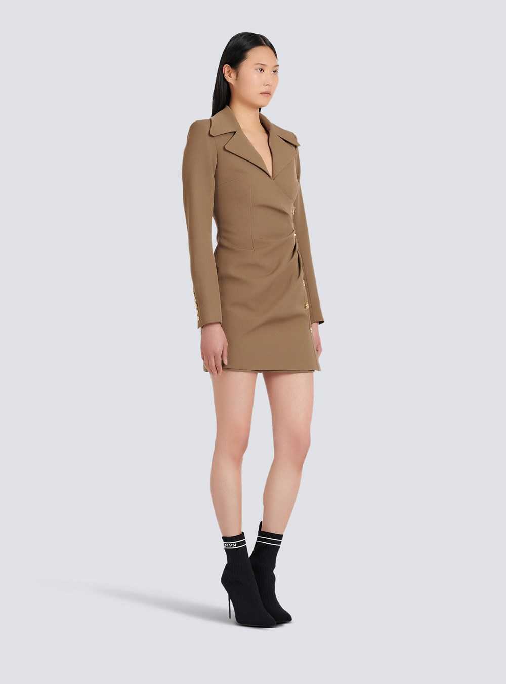 Balmain Draped Wool Dress Khaki | HUWFQPO-15