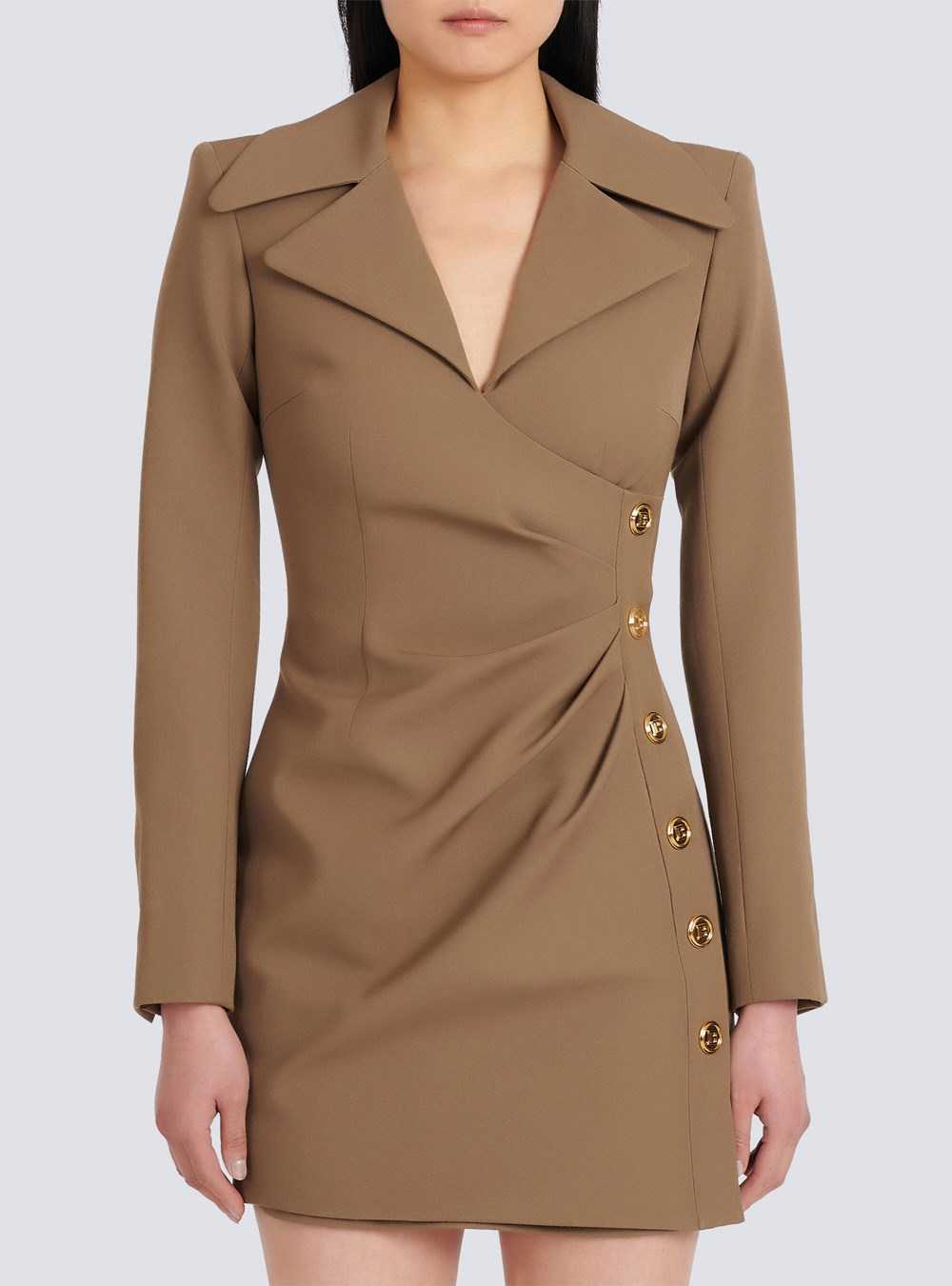 Balmain Draped Wool Dress Khaki | HUWFQPO-15