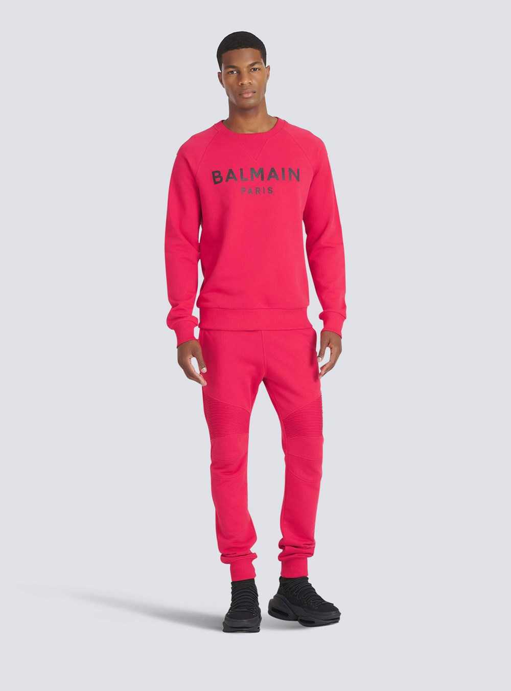 Balmain Eco-designed Cotton Sweatpants With Black Balmain Logo Print Red | VGERXTP-73