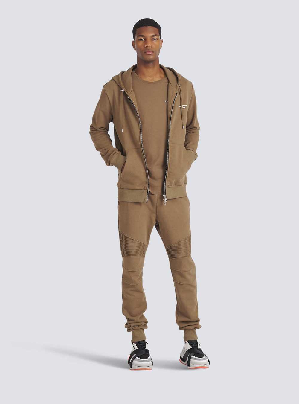 Balmain Eco-designed Cotton Sweatpants With Flocked White Balmain Logo Brown | ZQSFBKJ-35