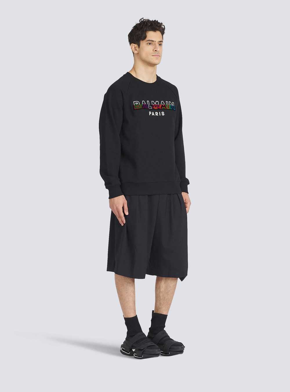 Balmain Eco-designed Cotton Sweatshirt With Balmain Paris Logo Print Black | BMQPGCT-82