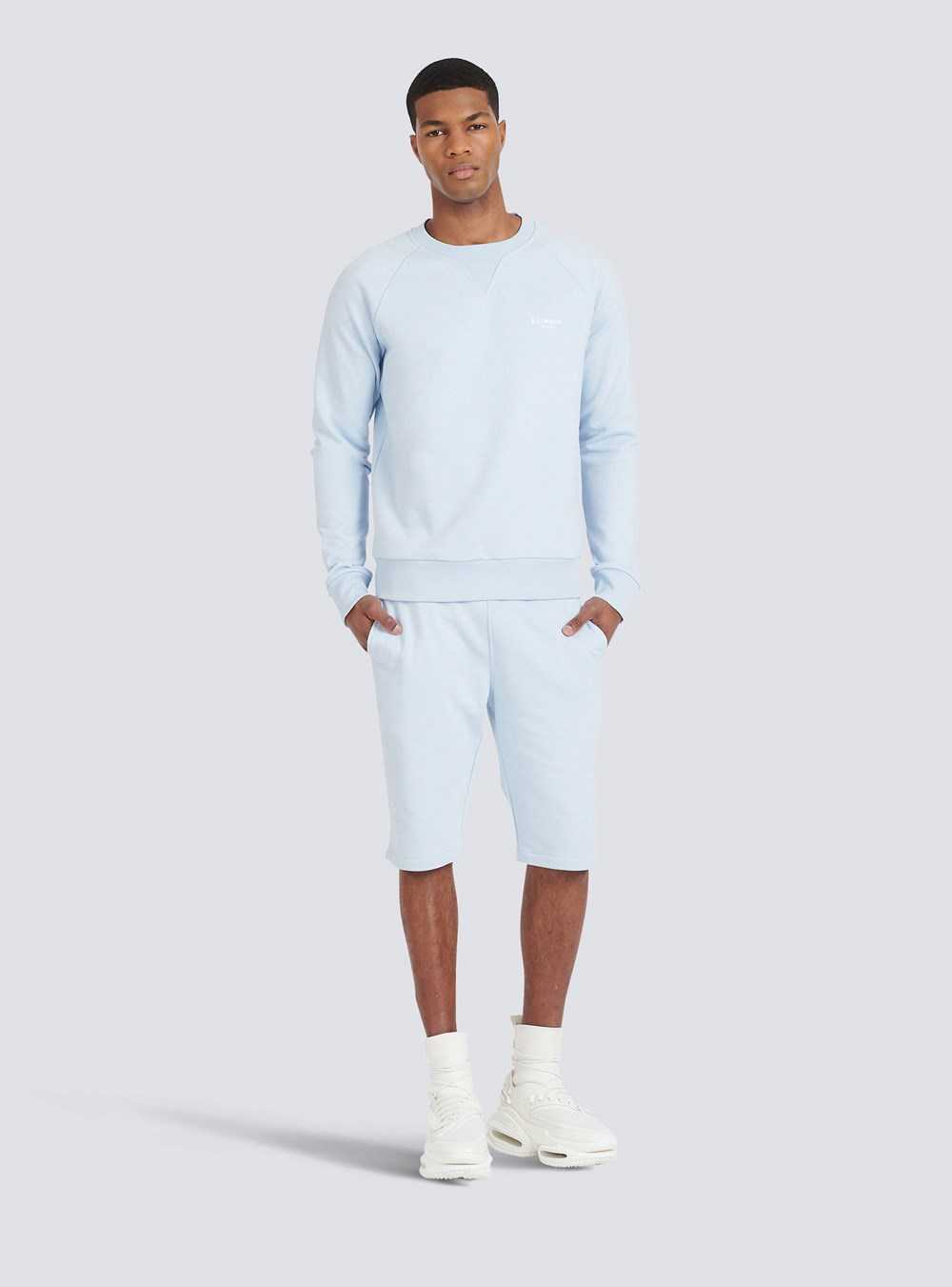 Balmain Eco-designed Cotton Sweatshirt With Small Flocked Balmain Paris Logo Blue | HKADYST-63