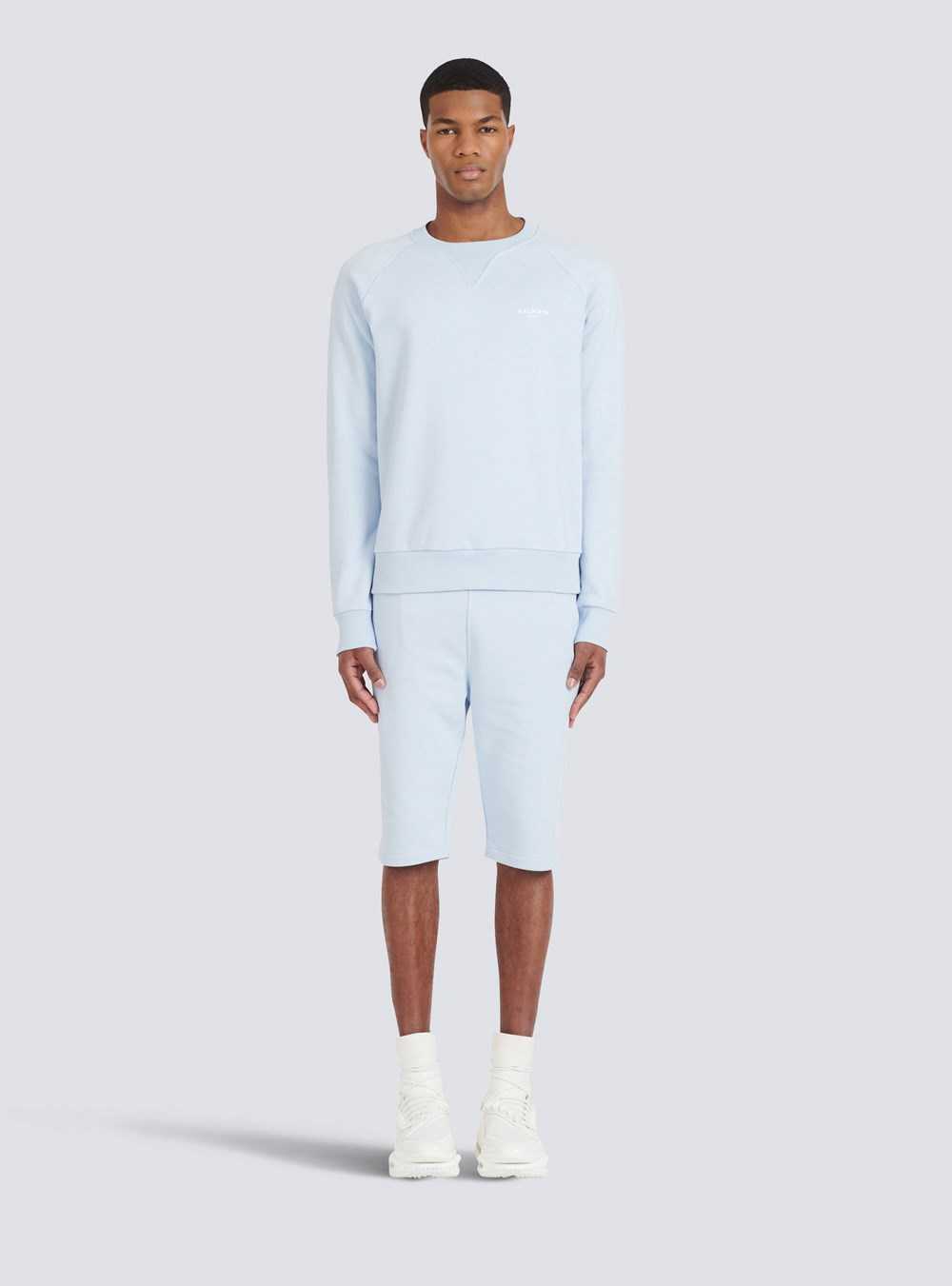 Balmain Eco-designed Cotton Sweatshirt With Small Flocked Balmain Paris Logo Blue | HKADYST-63