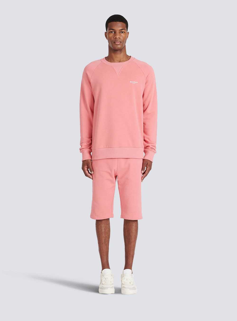 Balmain Eco-designed Cotton Sweatshirt With Small Flocked Balmain Paris Logo Pink | HKDUSBR-90