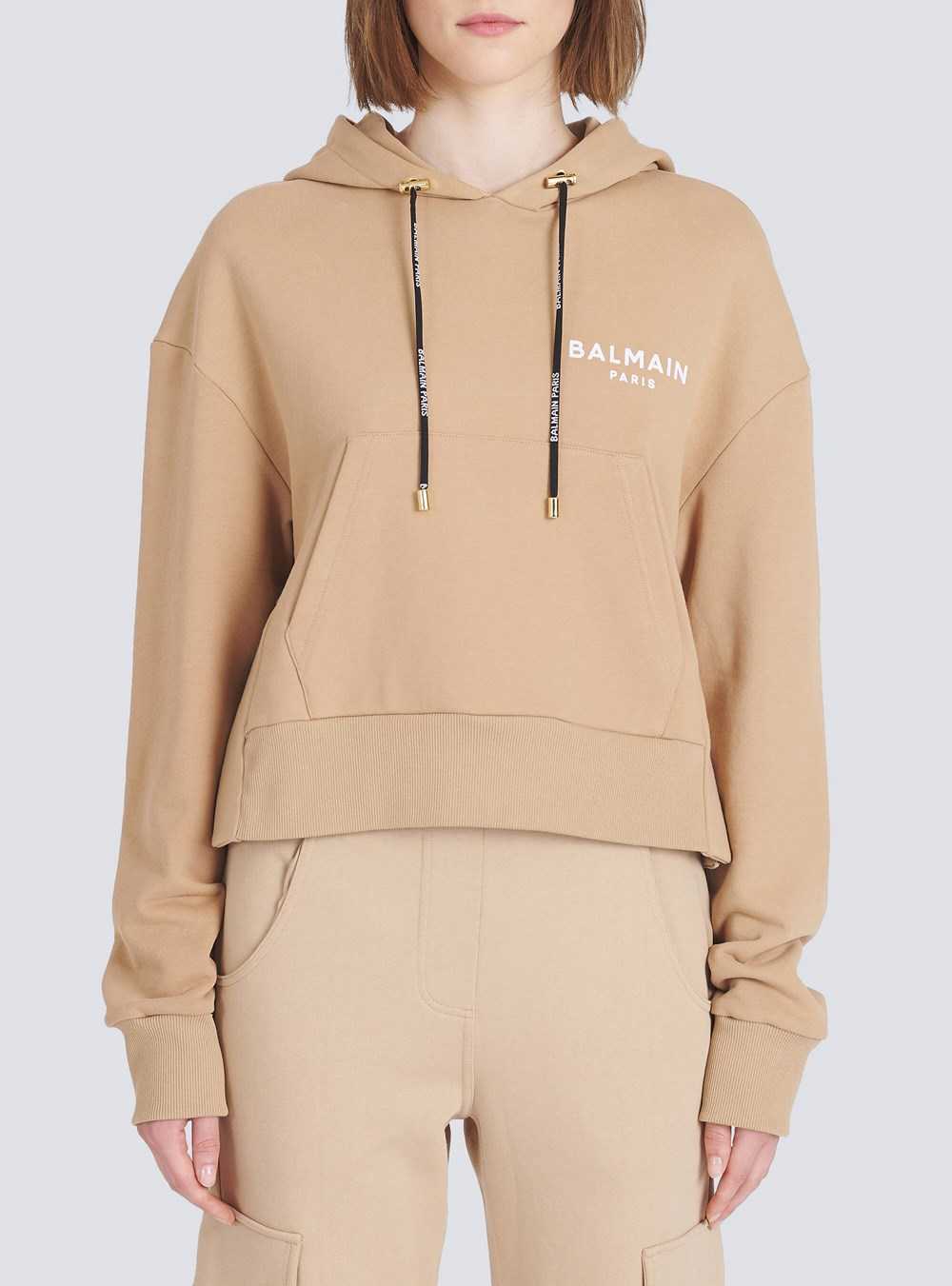 Balmain Eco-designed Cotton Sweatshirt With Flocked Balmain Logo Beige | HUKONSI-12