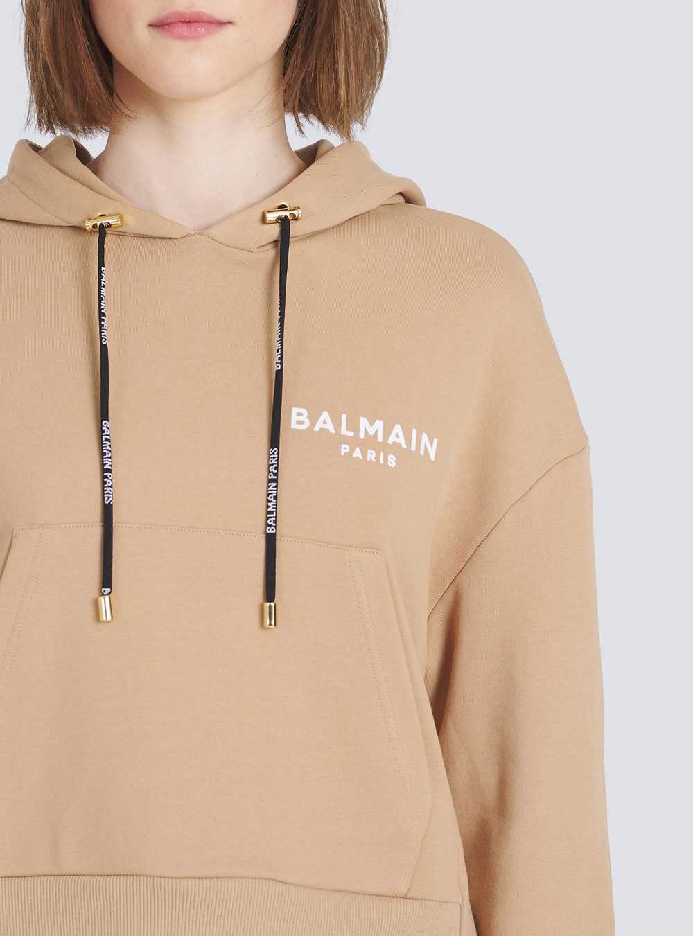 Balmain Eco-designed Cotton Sweatshirt With Flocked Balmain Logo Beige | HUKONSI-12