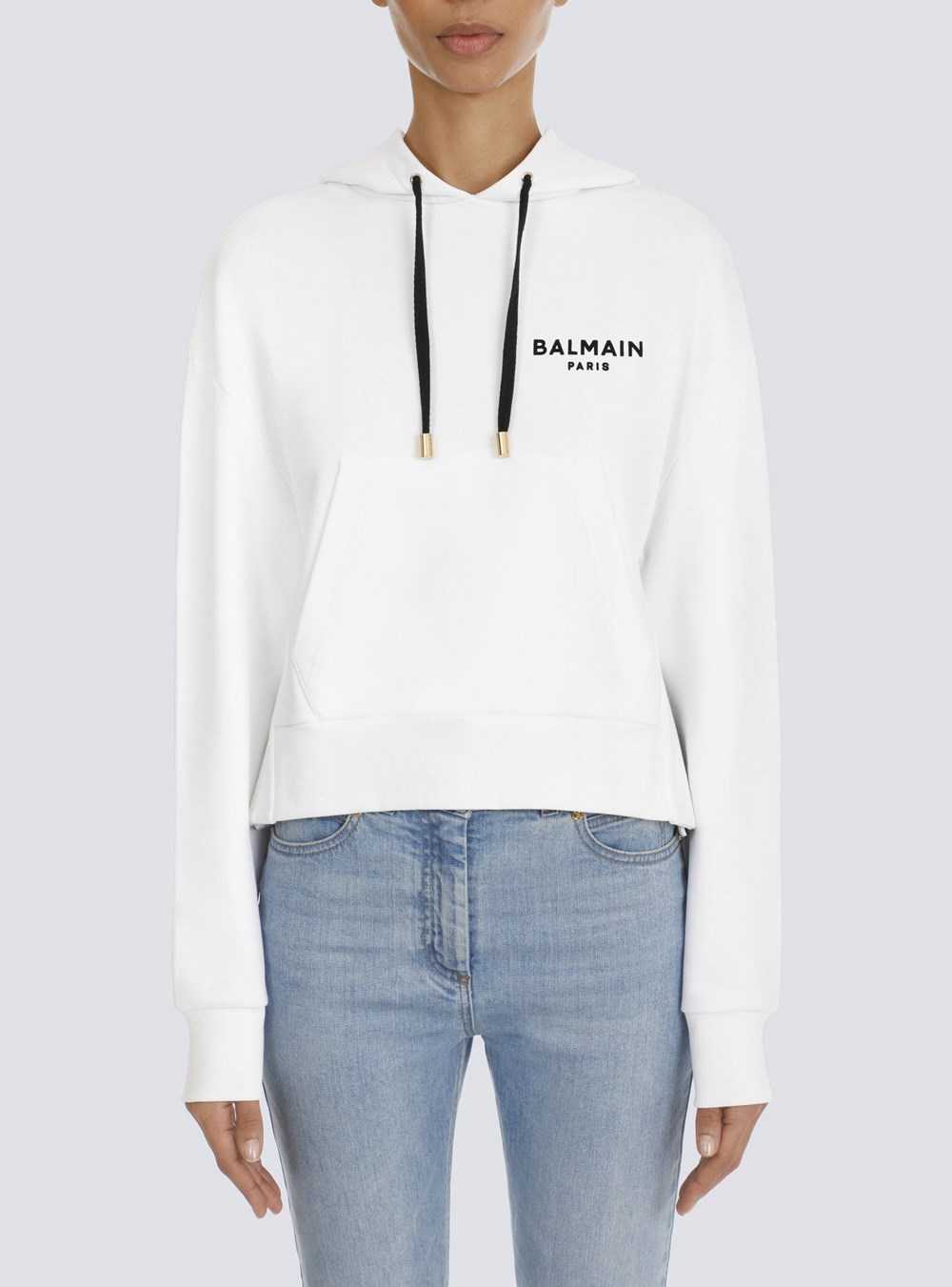 Balmain Eco-designed Cotton Sweatshirt With Flocked Balmain Logo White | PIMUTFJ-31