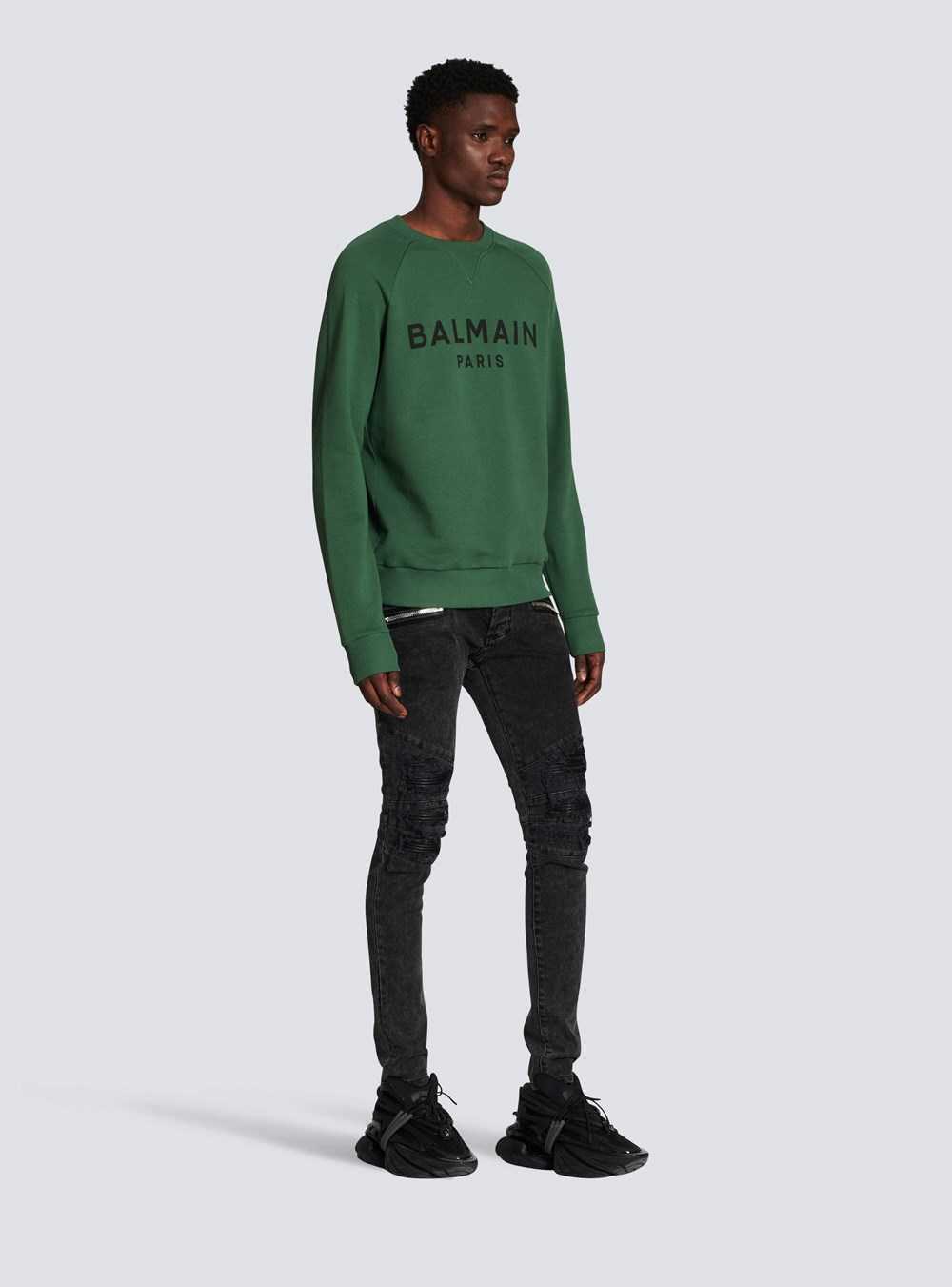 Balmain Eco-designed Cotton Sweatshirt With Balmain Paris Metallic Logo Print Green | PJZRCYO-87