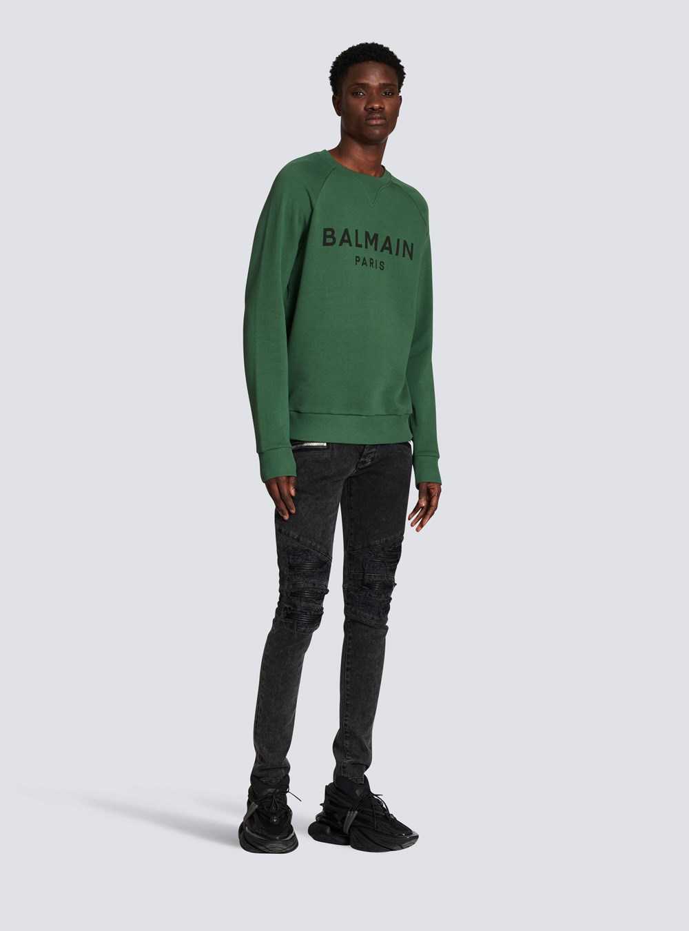 Balmain Eco-designed Cotton Sweatshirt With Balmain Paris Metallic Logo Print Green | PJZRCYO-87