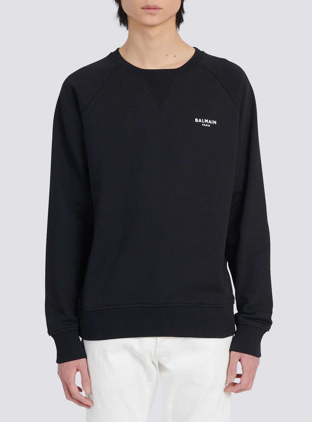 Balmain Eco-designed Cotton Sweatshirt With Small Flocked Balmain Paris Logo Black | RYBDEIT-57