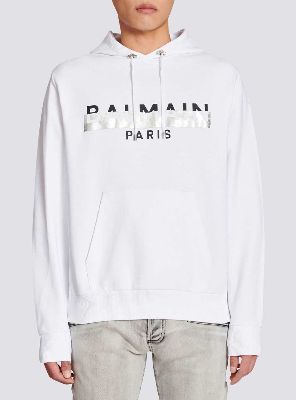 Balmain Eco-designed Cotton Sweatshirt With Balmain Paris Metallic Logo Print White | VBWENFS-14