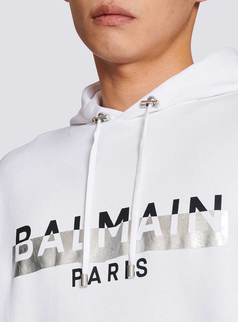 Balmain Eco-designed Cotton Sweatshirt With Balmain Paris Metallic Logo Print White | VBWENFS-14