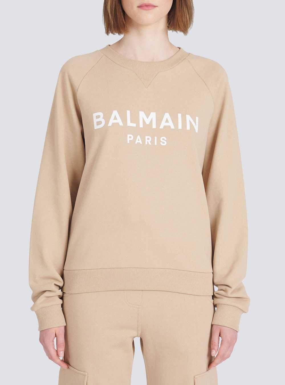 Balmain Eco-designed Cotton Sweatshirt With Balmain Logo Print Beige | VHXKGWF-67