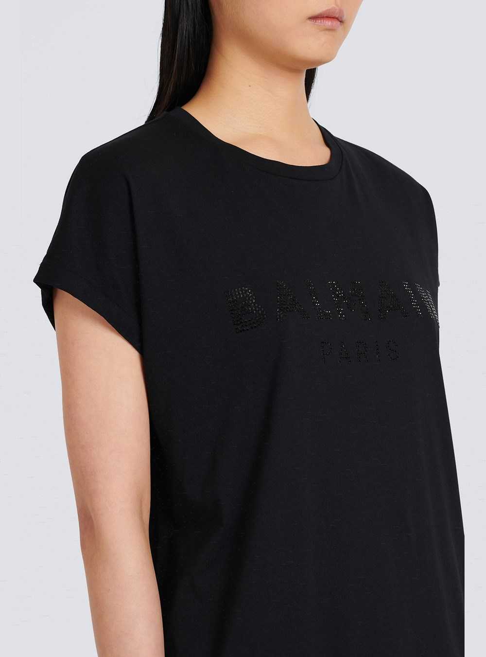 Balmain Eco-designed Cotton T-shirt With Rhinestone Logo Black | BKAVTNO-28