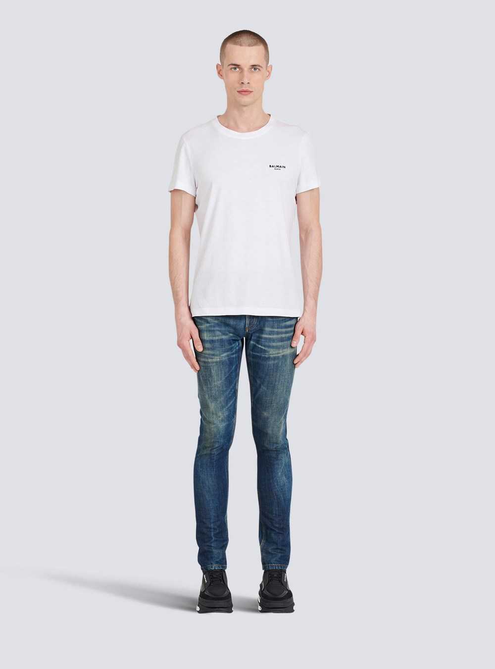 Balmain Eco-designed Cotton T-shirt With Small Flocked Balmain Paris Logo White | BMROCAZ-97