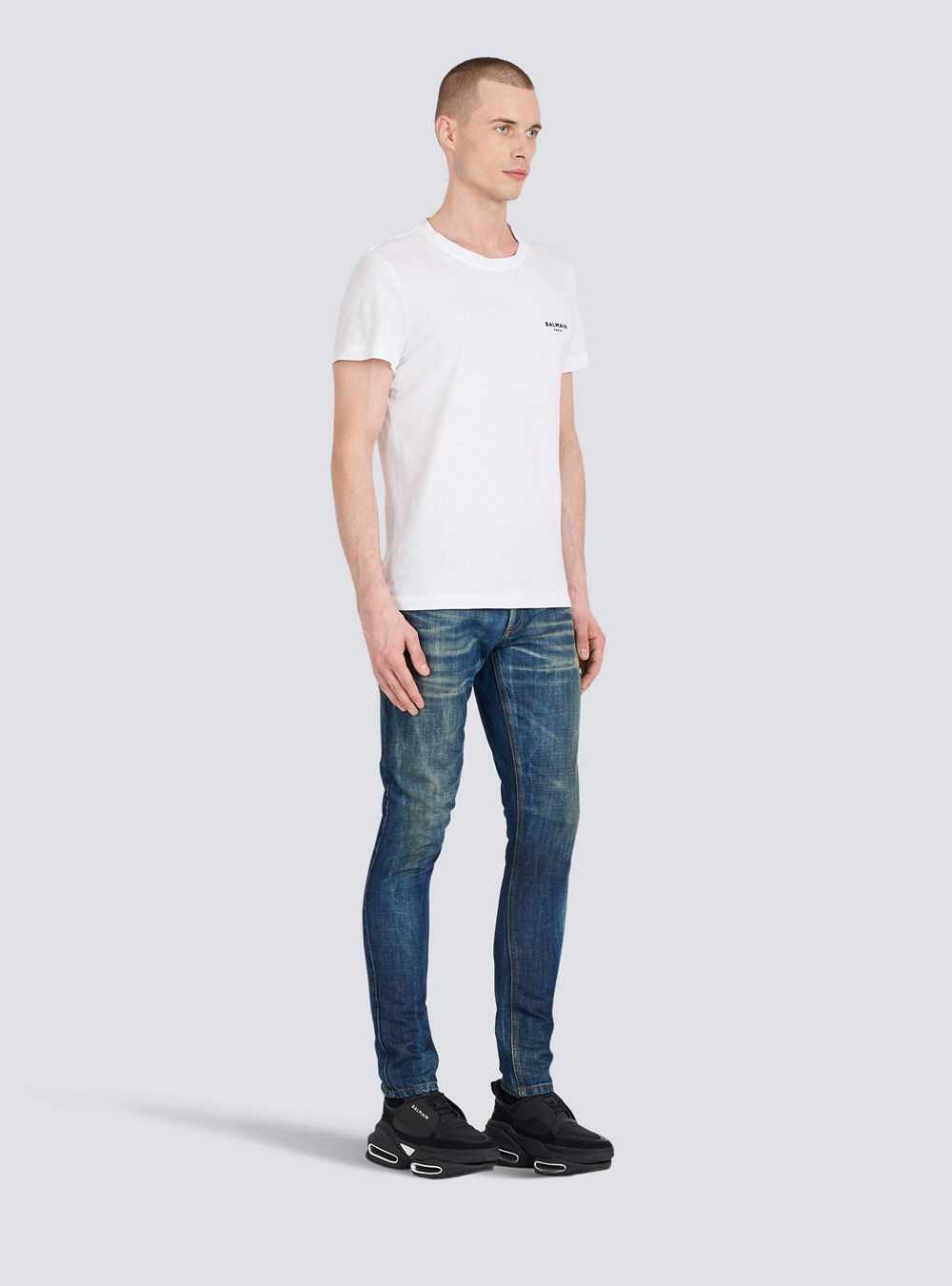 Balmain Eco-designed Cotton T-shirt With Small Flocked Balmain Paris Logo White | BMROCAZ-97