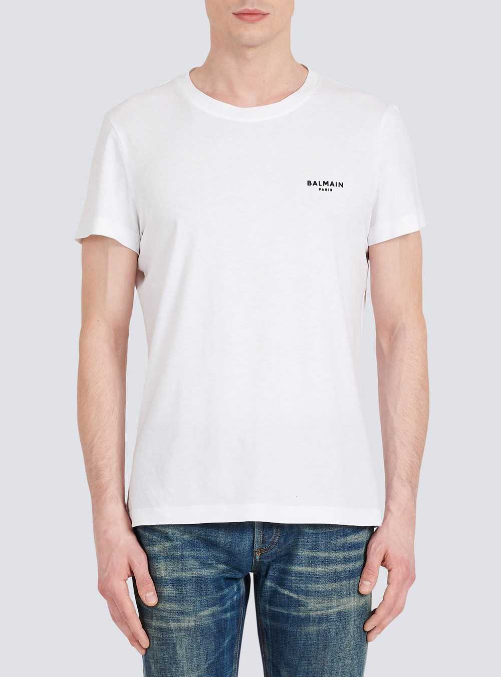 Balmain Eco-designed Cotton T-shirt With Small Flocked Balmain Paris Logo White | BMROCAZ-97