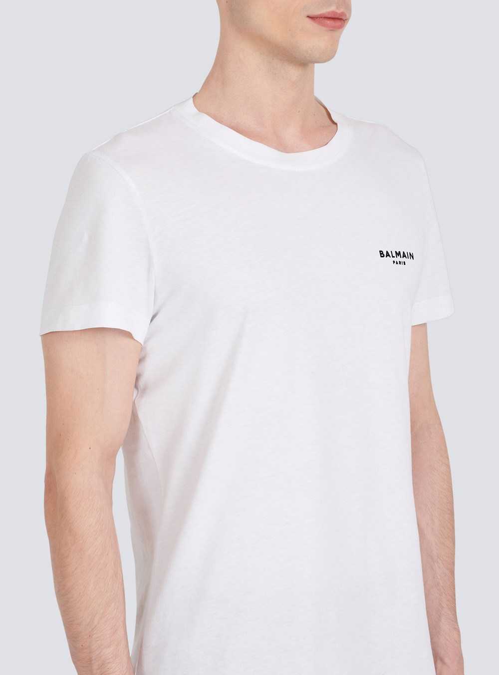 Balmain Eco-designed Cotton T-shirt With Small Flocked Balmain Paris Logo White | BMROCAZ-97