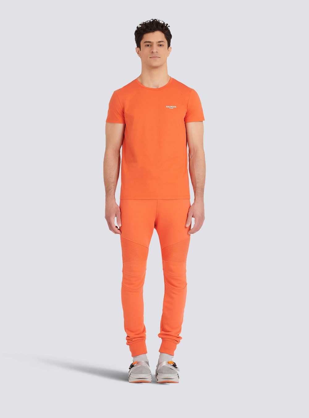 Balmain Eco-designed Cotton T-shirt With Small Flocked Balmain Paris Logo Orange | BQDKAMJ-74