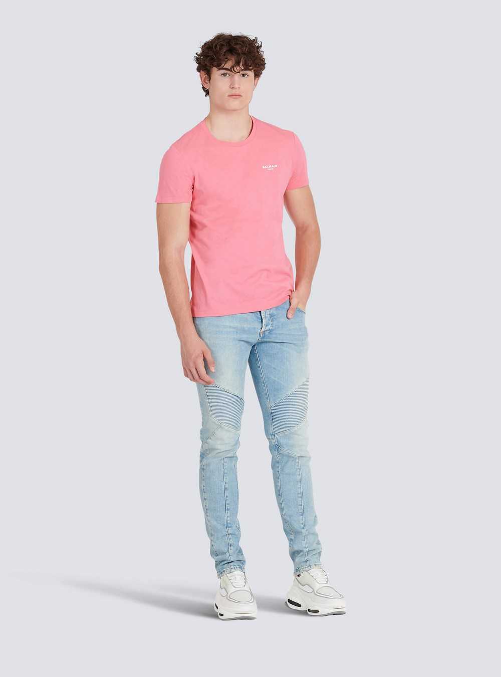 Balmain Eco-designed Cotton T-shirt With Small Flocked Balmain Paris Logo Pink | BYVENXI-35