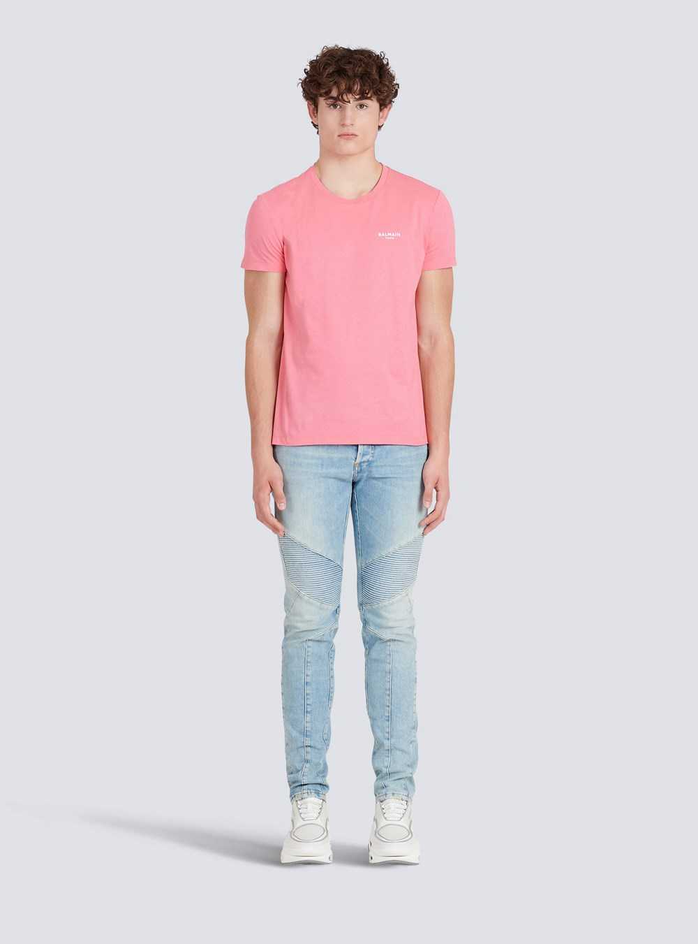 Balmain Eco-designed Cotton T-shirt With Small Flocked Balmain Paris Logo Pink | BYVENXI-35