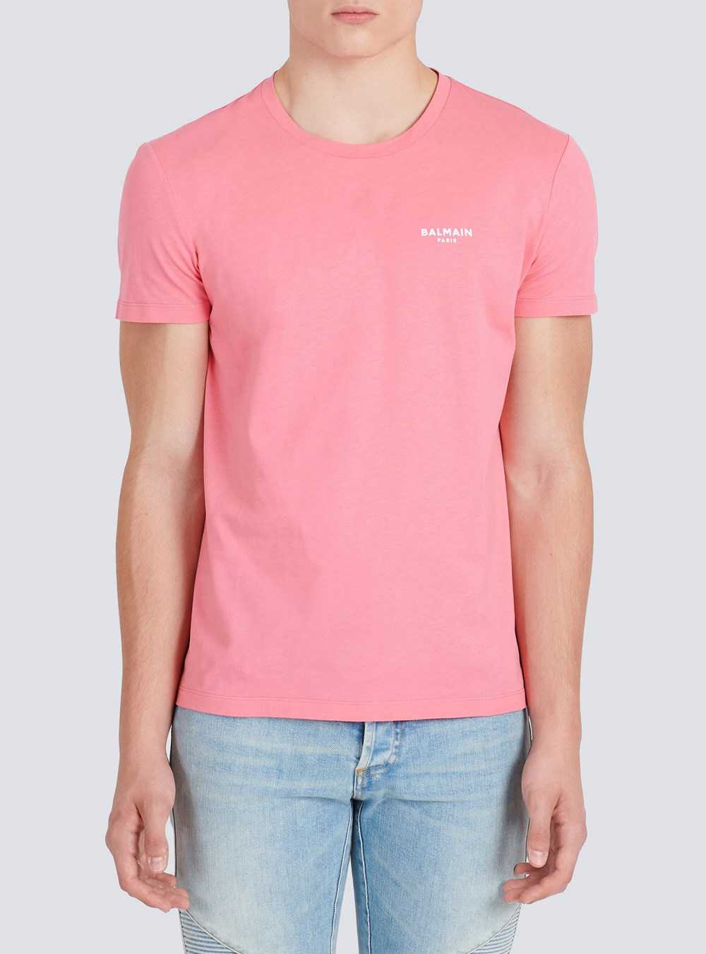 Balmain Eco-designed Cotton T-shirt With Small Flocked Balmain Paris Logo Pink | BYVENXI-35