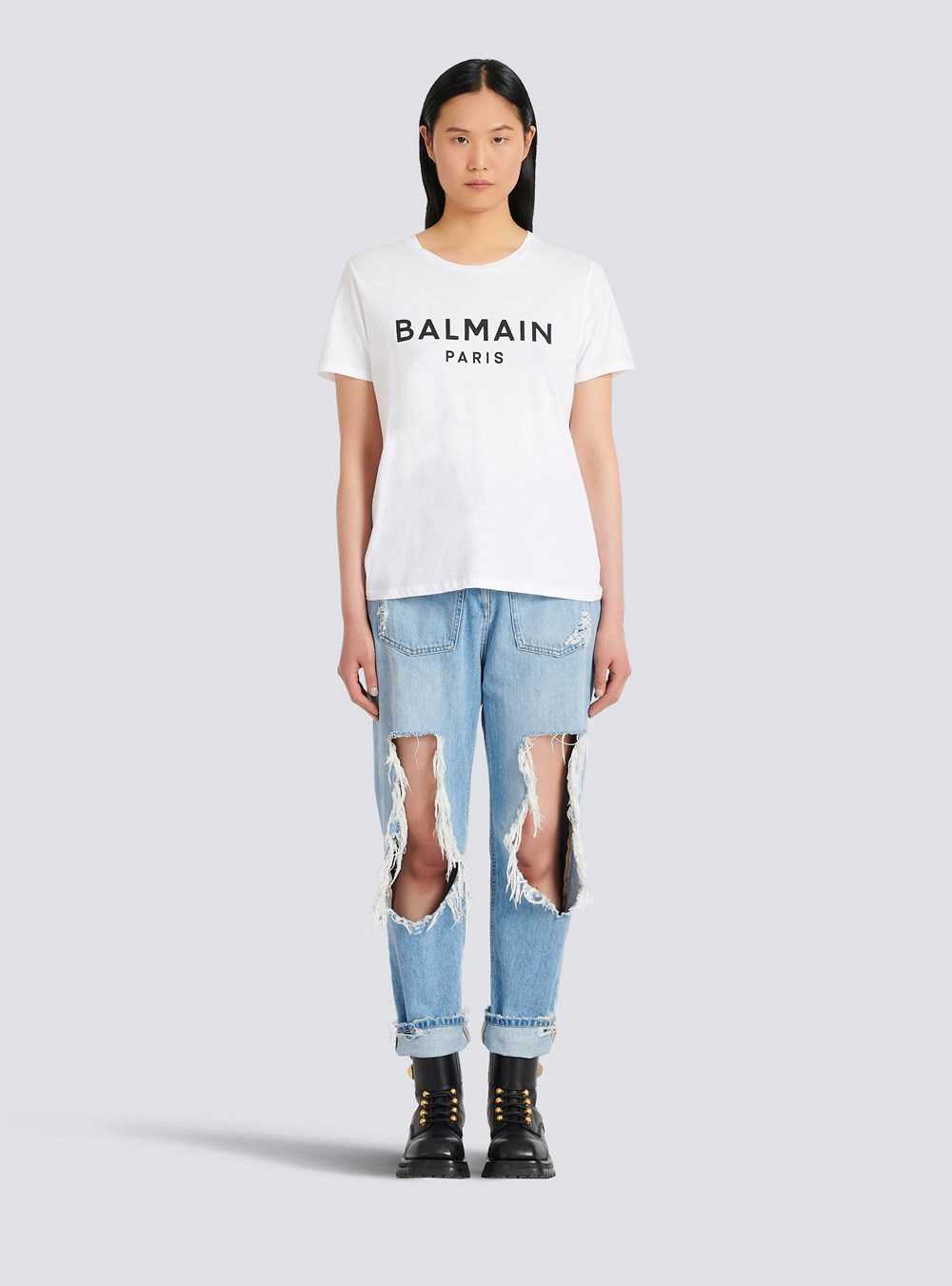 Balmain Eco-designed Cotton T-shirt With Flocked Balmain Logo White | GPYRVOT-69