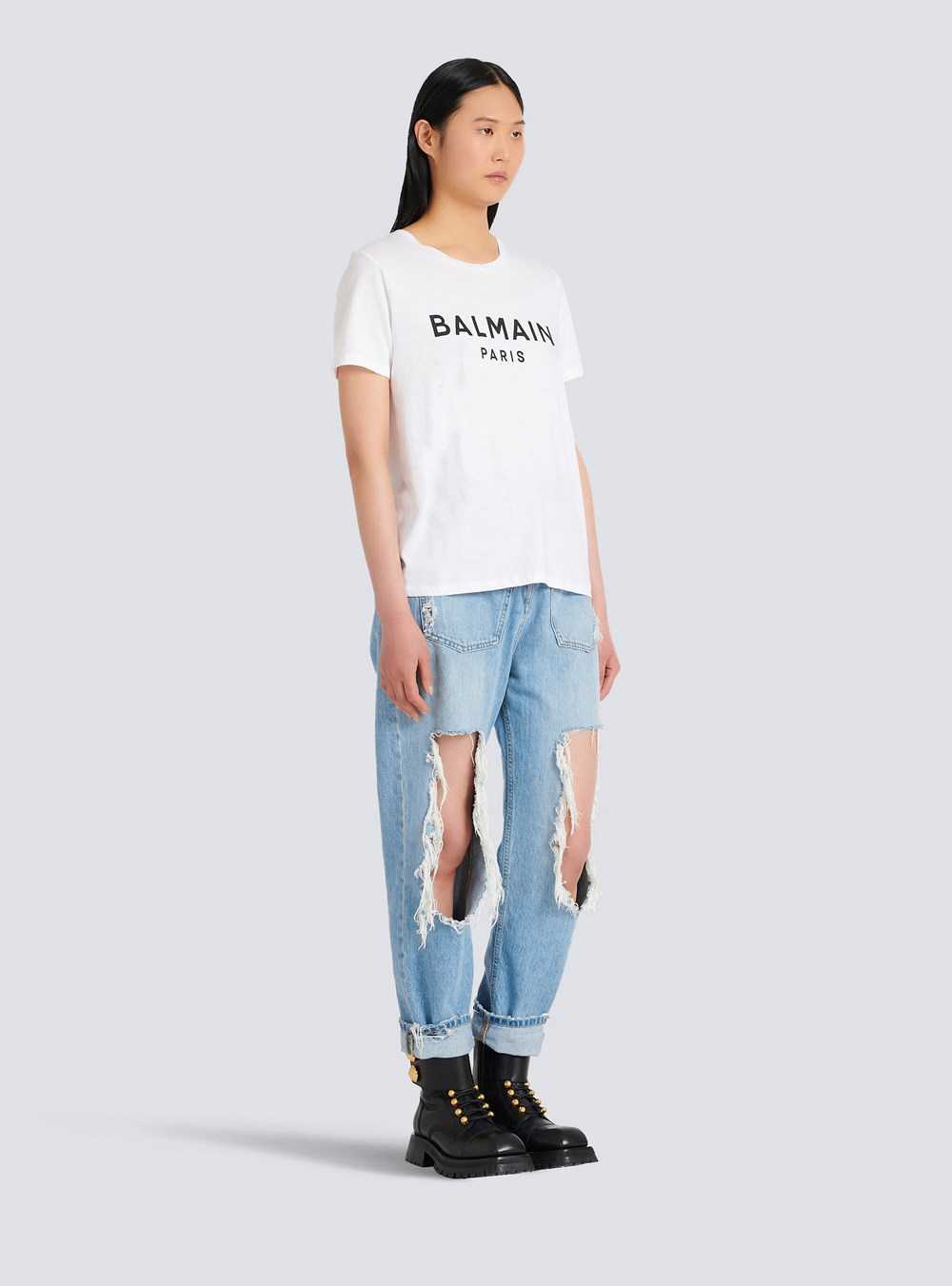 Balmain Eco-designed Cotton T-shirt With Flocked Balmain Logo White | GPYRVOT-69