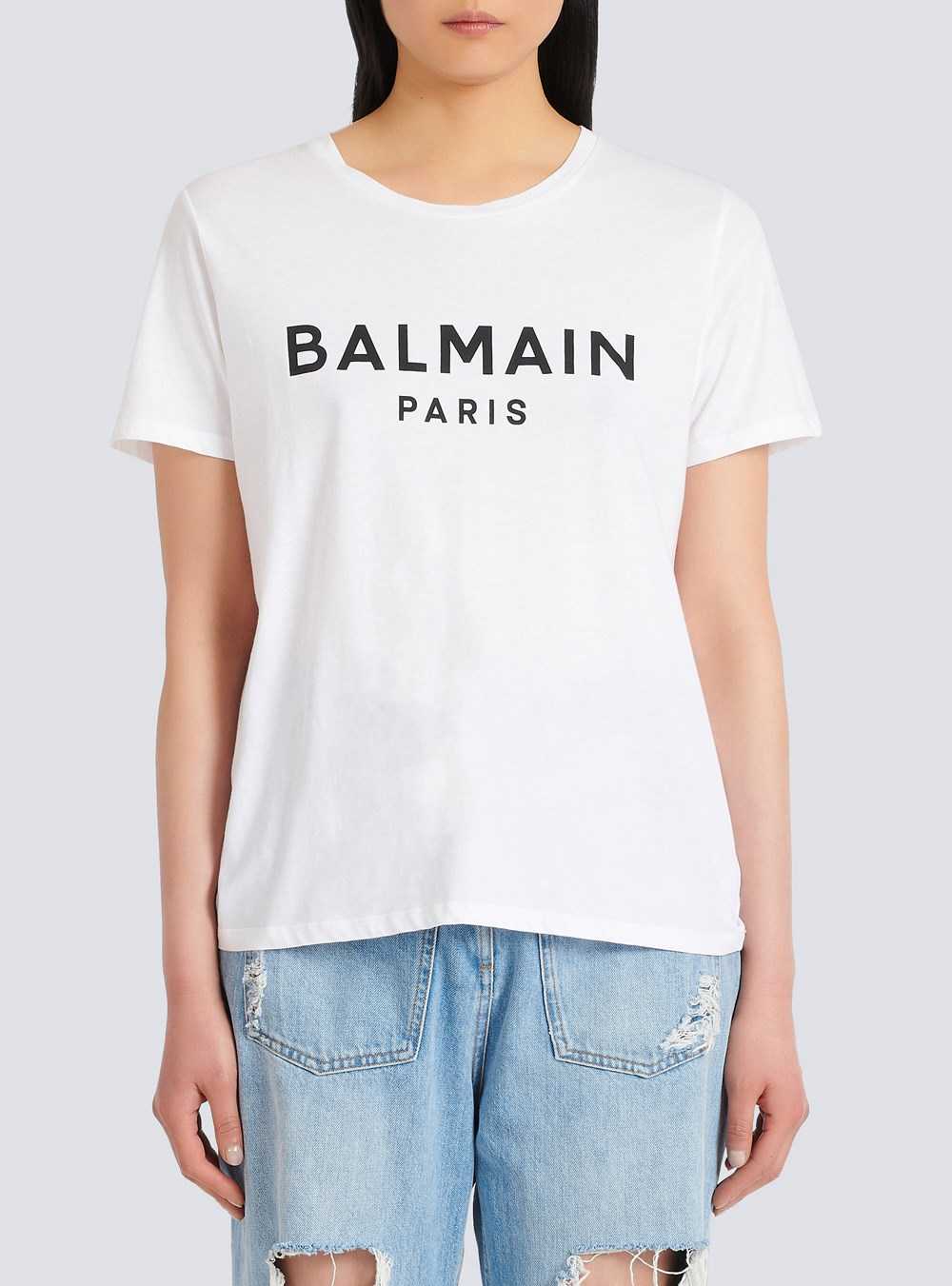 Balmain Eco-designed Cotton T-shirt With Flocked Balmain Logo White | GPYRVOT-69