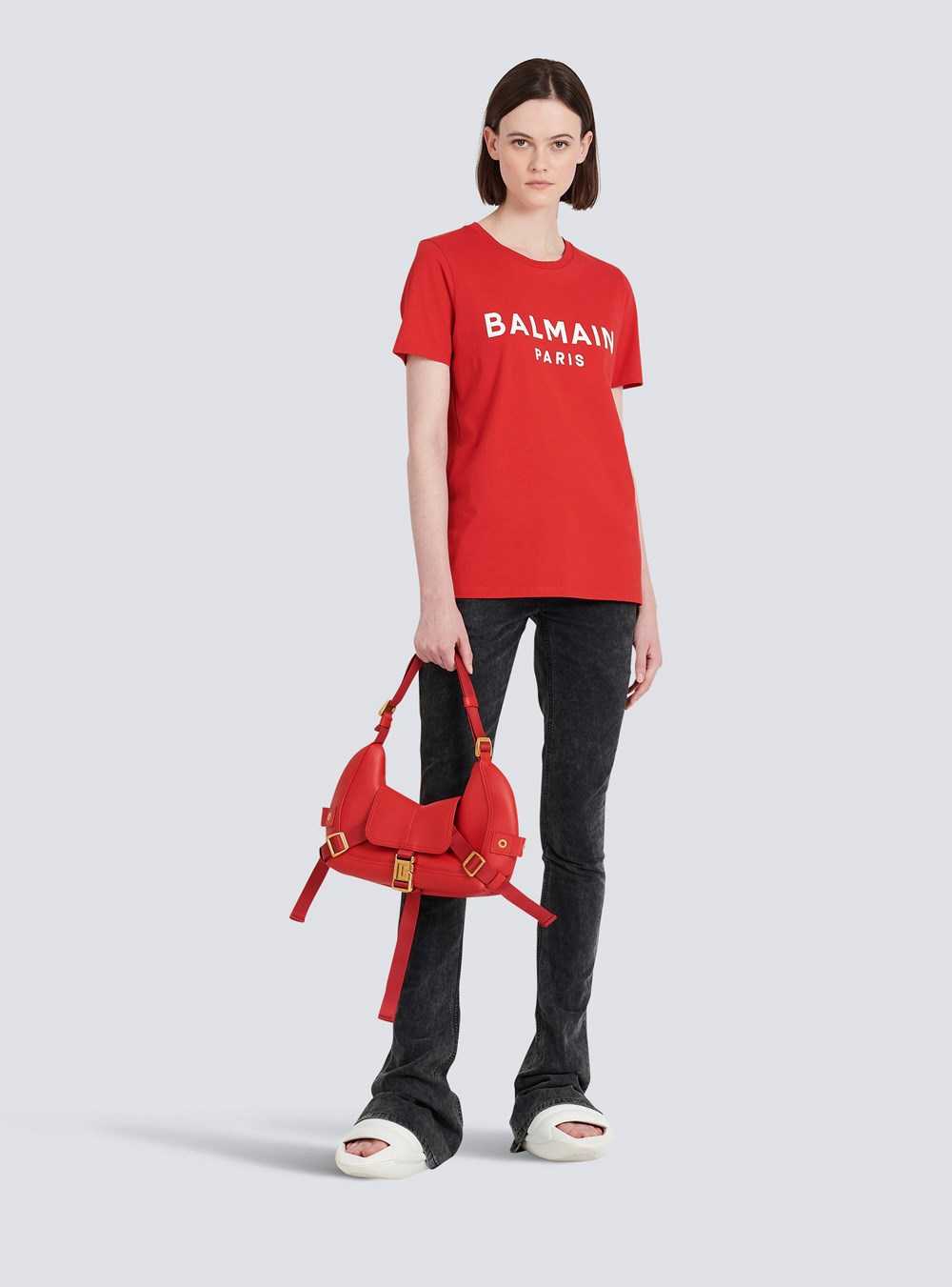 Balmain Eco-designed Cotton T-shirt With Balmain Logo Print Red | HJIXPWZ-30