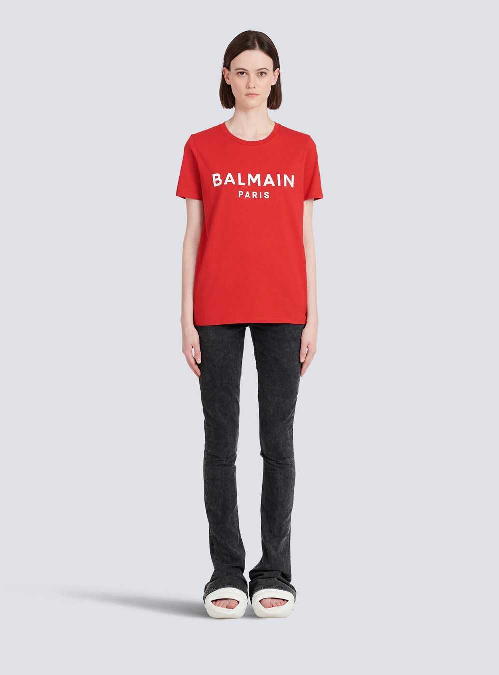 Balmain Eco-designed Cotton T-shirt With Balmain Logo Print Red | HJIXPWZ-30